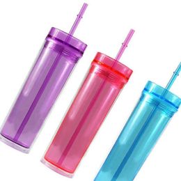 Wholesale 16oz Acrylic Plastic Straight Skinny Tumblers Slim Tumblers 7 Colors Double Wall Juice Drinking Cups With Lids & Straws Sports Water Bottles 460ml