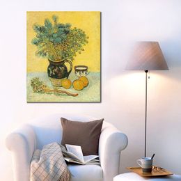 Canvas Art Hand Painted Oil Paintings of Vincent Van Gogh Still Life Majolica Jug with Wildflowers Artwork for Restaurant Decor