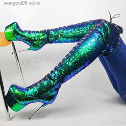 Boots Women Over Knee High Platform Boots Sequined Stiletto Metal Heels Side Zip Boots Party Club Shoes Woman Size 39 41 42 43 T230713