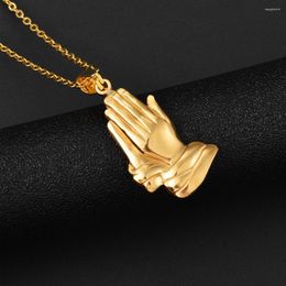 Pendant Necklaces Praying Hands Necklace Stainless Steel Charms Gold-Color Hiphop For Men Women Religious