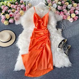 Casual Dresses Fashionable Vneck Open Back Waist Drawstring Pleated Satin Suspender Dress With Side Slit For Slimming Long In Summer