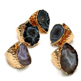 Brazilian Raw Agate Ring Irregular Druzy Stone Adjustable Rings Gold Plated Primary Colour