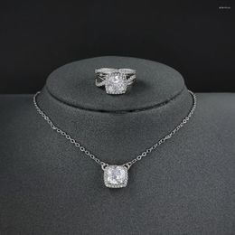 Necklace Earrings Set 2pcs Pack Silver Color Bride Cushion Cut Zirconia Wedding Bridal For Brides Engagement Ring Gift J6300b