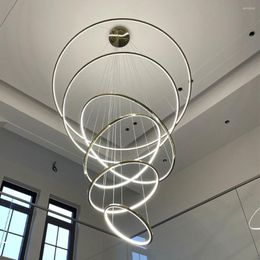 Chandeliers LED Pendant Lamp Golden Luxury Dining Room Dimming System Duplex Villa Staircase Large Chandelier Circular High Living