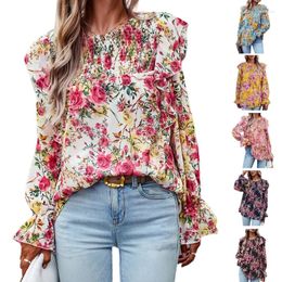 Women's Blouses Womens Fall Puff Long Sleeve T Shirts Neck Tops Bohemian Floral Print Smocked Cuffs Tunics DropShip