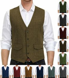 Men's Vests Men's Tweed Vest Herringbone Multi Pocket Retro Wool Wedding Business Groomsmen Clothing