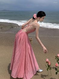 Casual Dresses 2023 Summer Women Holiday Pink Sundress Sexy Sleeveless Backless Party Vestidos Bohemian Beach A Line Dress Robe Femme