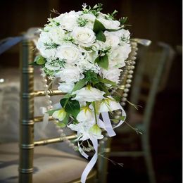 Wedding Flowers Waterfall White S Artificial Pearls Crystal Bouquets Bridesmaid Bridal Bouquet Hand De Mariage Rose256h