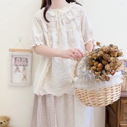 Women's Blouses Japanese Sweet Loose Embroidery Lace Collar Short-Sleeved Shirt Cotton And Linen Top