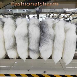 40cm 16 -Long 100% Real Genuine Cross Fox Fur Tail Keychians Plush Pom Poms Cosplay Toy Keyrings Car KeyChain Bag Charm Tasse246y
