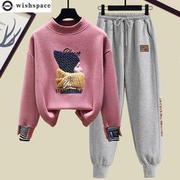 Sets Spring 2023 New Flocking Sports Suit Warm Long Sleeve Tshirt Casual Trousers Twopiece Elegant Women's Pants Set Female Outfit
