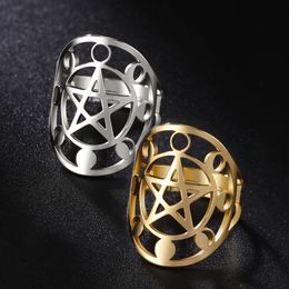 Dawapara Pentagram Pentacle Moon Phase Women Ring Adjustable Resizable Stainless Steel Witchcraft Pagan Jewellery