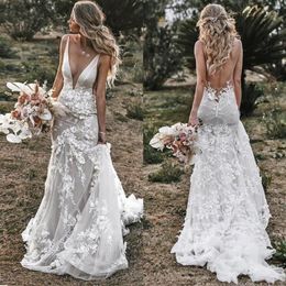 Vintage Mermaid Spaghetti Wedding Dress 2021 V-neck Backless Lace Appliques 3D Flowers Country Bridal Gown Plus Size Custom Made239e