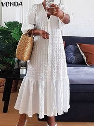 Urban Sexy Dresses VONDA Women Autumn Dress 2023 V Neck Button Long Shirt Half Sleeve Holiday Party Pleated Maxi Robe Casual Bohemian Vestidos 230712