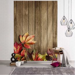 Tapestries Vintage Wooden Board Tapestry Wall Hanging Art Golden Brown Leaves on Wood Wall Blanket Home Decor R230713