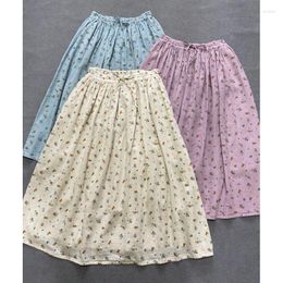 Skirts Johnature Cotton Linen 2023 Summer Vintage Floral Print Loose Elastic Waist Tie 3 Colours Women