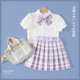 Girl's Dresses Girls Skirt jk School Uniform Girls New Student Set Summer Short-Sleeved Shirt Plaid Pleated Skirt Girl College Wind clothesHKD230712