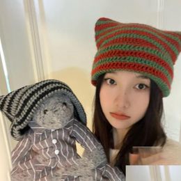 Beanie/Skull Caps Warm Japanese Beanie Hat Ins Little Devil Striped Knitted Wool Cap Autumn And Winter Cute Cat Ears Pointed Plover Dhw43