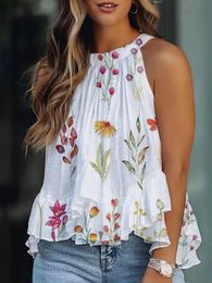 Women's Tanks Camis Ruffles Shirt Women Plus Size Sexy Halter Neck Sweet Blouse Sleeveless Loose Bohemian Floral Streetwear Elegant Clothing 230713