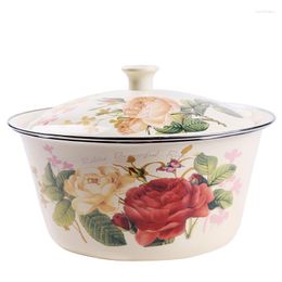 Bowls Vintage Enamel Bowl Tureen Thickened High Capacity With Chinese Traditional Totems Kitchen Refrigerator Container Soup Pot