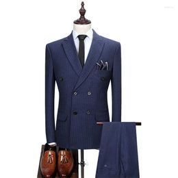 Men's Suits (Jacket Vest Pants) Mens Double-breasted Suit Fashion Groom Wedding Dress High-end Party Business Striped Slim 3Pcs Set