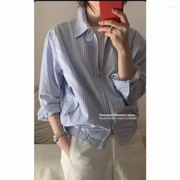 Women's Jackets Firmranch 2023 Korean Dongdaemun Designer Lapel Zipper Shirt Blouse White/Blue Film Feeling Spring Tops