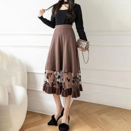 Skirts Autumn Winter High Waist Lace Flower Knitted Skirt Women Voile Patchwork A-line Knit Female