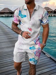 Men's Tracksuits Men's 3D Colourful Spliced Printing Summer Short Sleeve Polo Shirt Set Fashion Zipper Polo Shirt Two Piece Set 230713