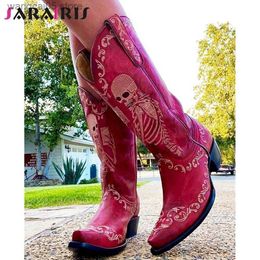 Boots Autumn Winter Plus Size Halloween Women Western Mid Calf Boots Chunky Heels Skull Pattern Cowgirl Boots Vintage Shoes For Woman T230713