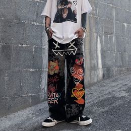 Mens Jeans American Style High Street Graffiti Retro Y2K Straight Trousers Womens Loose Harajuku Wideleg Pants 230712
