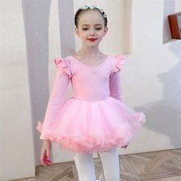 Stage Wear High Quality Kids Girls Cotton Ballet Dance Tutu Costumes Child Flutter Long Sleeve Leotard With Tulle Skirt