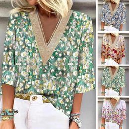 Women's Blouses Lace Women Top Colourful Flower Print V Neck Hollow Out Three Quarter Sleeves A Stylish Breathable For Summer Spring