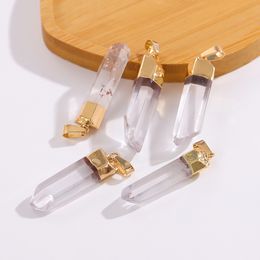 Natural Raw white Quartz Stone Gold Edged Pendant Crystal Pillar Charms for Necklace Earrings Jewellery Making Accessory