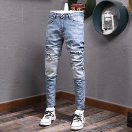 Men's Jeans Fashion Streetwear Men Retro Light Blue Elastic Slim Ripped Spliced Designer Patched Hip Hop Denim Pants Hombre