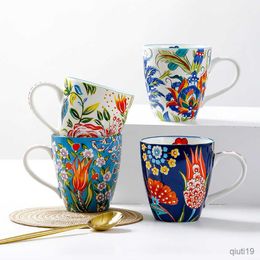 Mugs Hand-painted Ceramic Breakfast Cups 550ml Large Capacity Flower Pattern Milk Oatmeal Coffee Cup Exquisite White Porcelain Mug R230713