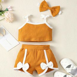 Clothing Sets Children's Girls Summer Solid Color Tops Bowknot Shorts Suits Suitable For 6 To 72 Months Babies