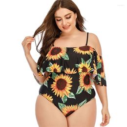 Women's Swimwear Women Plus Size One-Piece Swimsuit Sexy Off Shoulder Tummy Control Monokini Sunflower Print Flounce Ruffled Bathing Suit