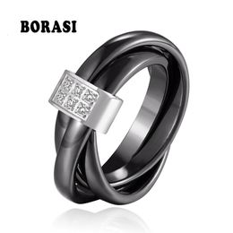 Wedding Rings Romantic Pink Ceramic Ring 3 Round Circle With Bling Crystal Smooth Healthy Material For Women Girl Lovely Party Gift 230712