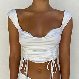 Women's Tanks Summer Tank Top Women Drawstring Sexy Low Cut Vest Pleated Crop Tops Busiter Camisole Black White Open Back Lace Up