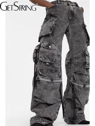 Sets Getspring Women Denim Pants 2022 Autumn Winter Multi Pocket Wide Leg Jeans Fashion Loose Leisure Long Denim Trousers New Arrvial