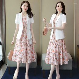Work Dresses Large Size Dress Suit Jacket Women's Chiffon Female Summer Two-piece Blazer And Floral Print Suits G380