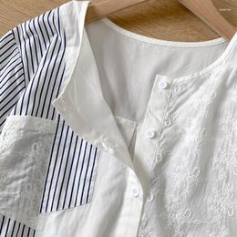 Women's Blouses Summer Casual Sweet Patchwork Bud Silk Pocket Stripe Shirt Women Clothing O-neck Splicing Short-sleeved Female Blouse Tops