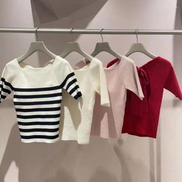 Women's Sweaters Kuzuwata 2023 Summer Simple Stripe Jumper Japan Backless Bow Tie Knit Top Solid Color Slim Fit Half Sleeve All-matched