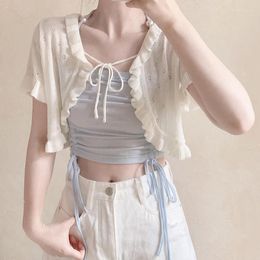 Women's Knits Cute Knitted Cardigan Women Summer Hollow Out Lacing Short Sweater For Sweet Girl Kawaii Clothes