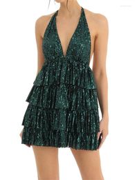 Casual Dresses CHRONSTYLE Women Sparkle Sequined Mini Dress Spaghetti Strap Backless Glitter Low Cut Slim Fit Vestido Party Clubwear 2023