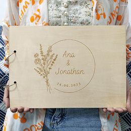 Party Supplies Personalized Name And Date Calligraphy Guest Book Laser Engraved Wedding Rustic Floral Wooden Guestbook Sign-in