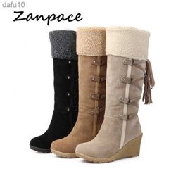 2022 Autumn Large Size 43 Snow Boots Wedges Keep Warm Winter Women Boots Tassel High Heel Round Toe Knee High Women's Shoes L230704