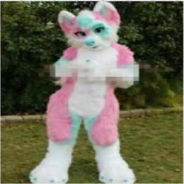costume Profession made Pink Long Fur Furry Fox Wolf Husky Dog Mascot Costume Fursuit Adult Cartoon Christmas party334T