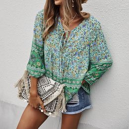 Women's Blouses Bohemian Style Floral Print Women Blouse Fashion Lace-up V Neck Loose Shirts 2023 Spring Summer Casual Blusa Female