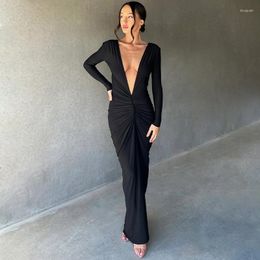 Casual Dresses Deep V-Neck Ruched Solid Maxi Dress Body-Shaping Long Sleeve Elegant Evening Party Sexy 2023 Summer Classic Prom Vestidos